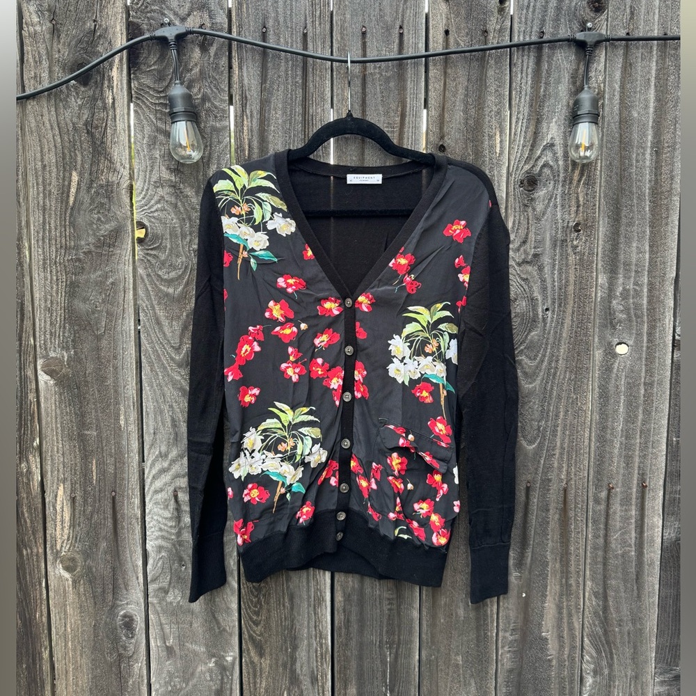 Equipment Black and Red Floral Silk and Wool Button Down Cardigan Sweater Sz XS
